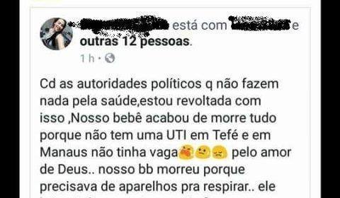 "Deixaram nosso bebê sofrer cinco dias, até morrer" Desabafa parente de bebê que morreu por falta de aparelho respiratório  em Tefé