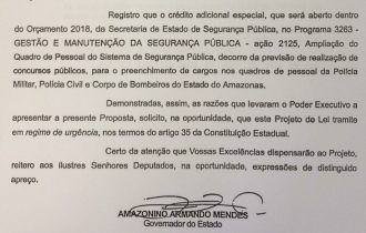 Amazonino manda mensagem de concurso para ALE-AM com mais de 1 mil vagas para Polícia Militar, Polícia Civil e Bombeiros