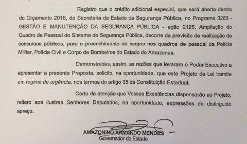 Amazonino manda mensagem de concurso para ALE-AM com mais de 1 mil vagas para Polícia Militar, Polícia Civil e Bombeiros