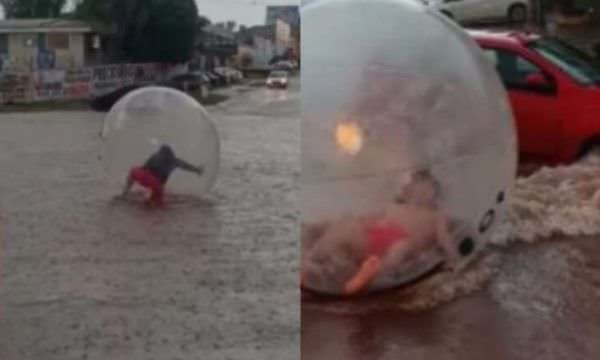 Homem dentro de bolha em inundação viraliza nas redes sociais; veja vídeos