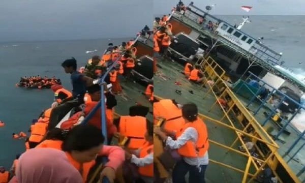 ‘Igual ao Titanic!’: navio afunda empinado e passageiros da Indonésia fazem salto mortal; veja vídeo