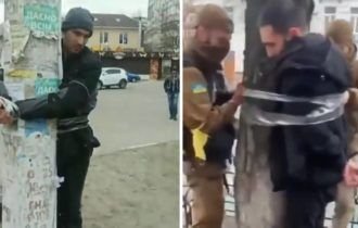 Vídeo: Acusados de saques na Ucrânia são amarrados a postes por justiceiros
