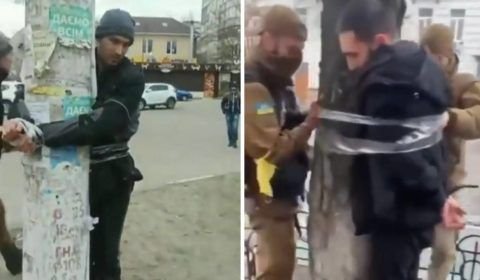 Vídeo: Acusados de saques na Ucrânia são amarrados a postes por justiceiros