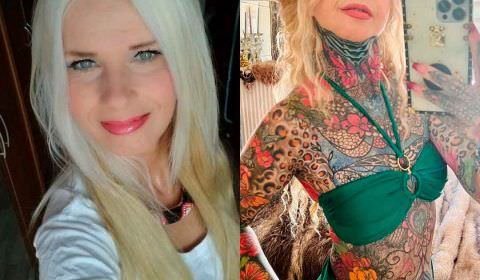 Mulher de 56 anos com 90% do corpo tatuado mostra o antes e depois