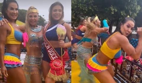 Sob chuva, Carla Perez, Scheila Carvalho e Sheila Mello dançam É o Tchan no Carnaval de Salvador