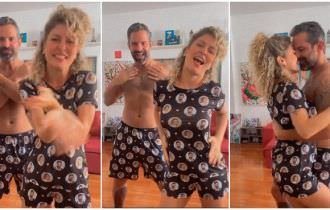 Bárbara Borges e Iran Malfitano dançam 'Lovezinho' com pijamas estampados com fotos dos dois