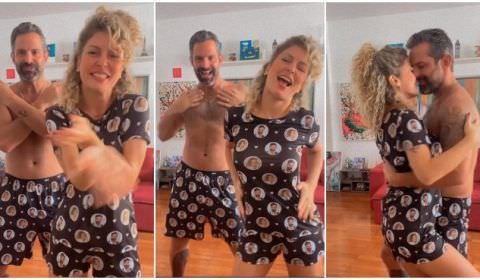 Bárbara Borges e Iran Malfitano dançam 'Lovezinho' com pijamas estampados com fotos dos dois