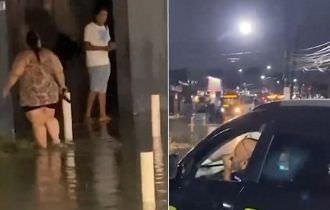 Moradora armada intimida motoristas em avenida alagada após temporal