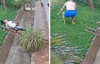 Mulher cai de telhado e marido pula para salvar esposa; veja vídeo
