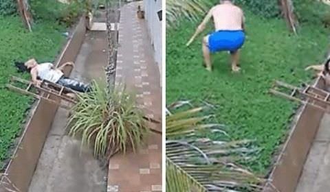 Mulher cai de telhado e marido pula para salvar esposa; veja vídeo