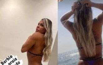 Após ficar loira, Gretchen exibe corpão ao posar com biquíni de fita