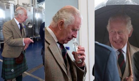 De 'saia escocesa', rei Charles inaugura fábrica, prova uísque e distribui sorrisos aos 74 anos