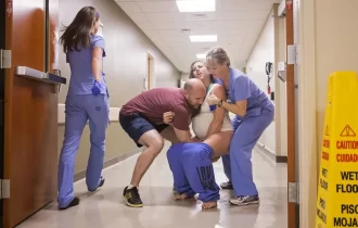 Pai pega bebê no corredor do hospital, depois de parto “a jato”