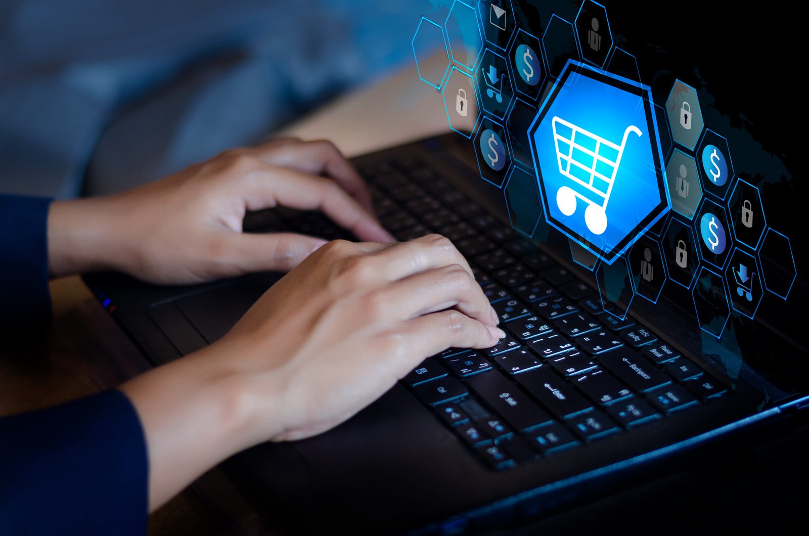 double-exposure-shopping-cart-businesswoman-using-laptop